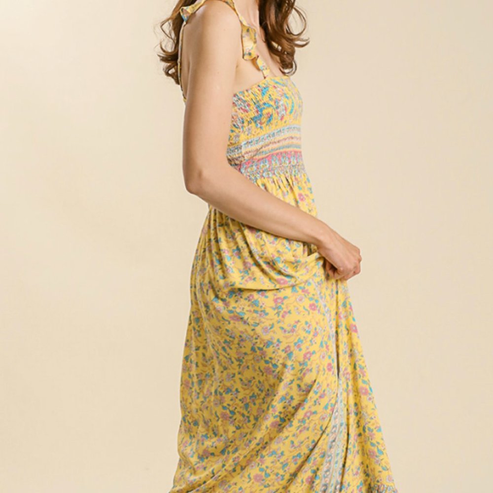 248.Women's Mixed Border Print Adjustable Trimmed Strap Smocked Maxi Dress NWT - Picture 4 of 6